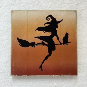 Handmade Halloween Witch Wooden Sign Orange Ombre Witch on Broomstick Home Decor